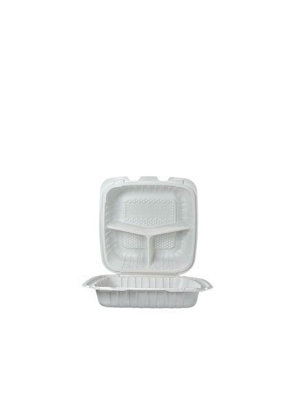PP803/ 85TH3 3 Comp.PP Hinged Container 8″x8″x2.8″ 150ct